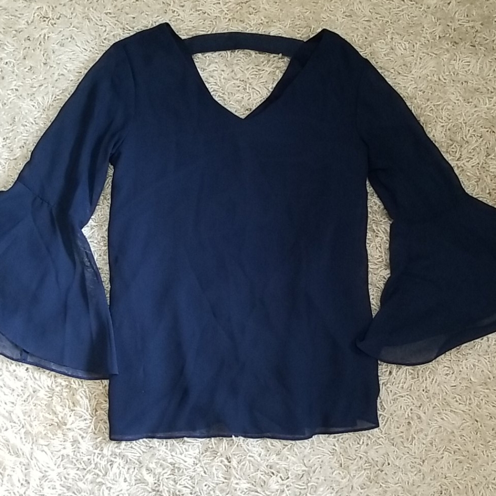 Navy Blue Bell Sleeve Blouse